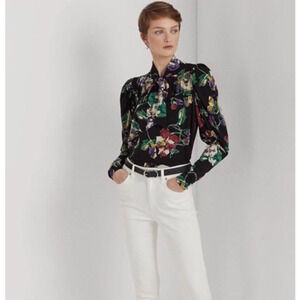 Lauren Ralph Lauren Black Pleated Floral Jersey Tie Neck Top Puff Sleeve XXL